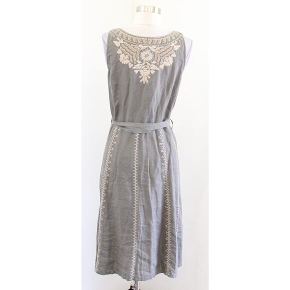 Johnny Was Green Ornate Floral Embroidered Button Front Tie Waist Linen Dress S - Picture 7 of 8